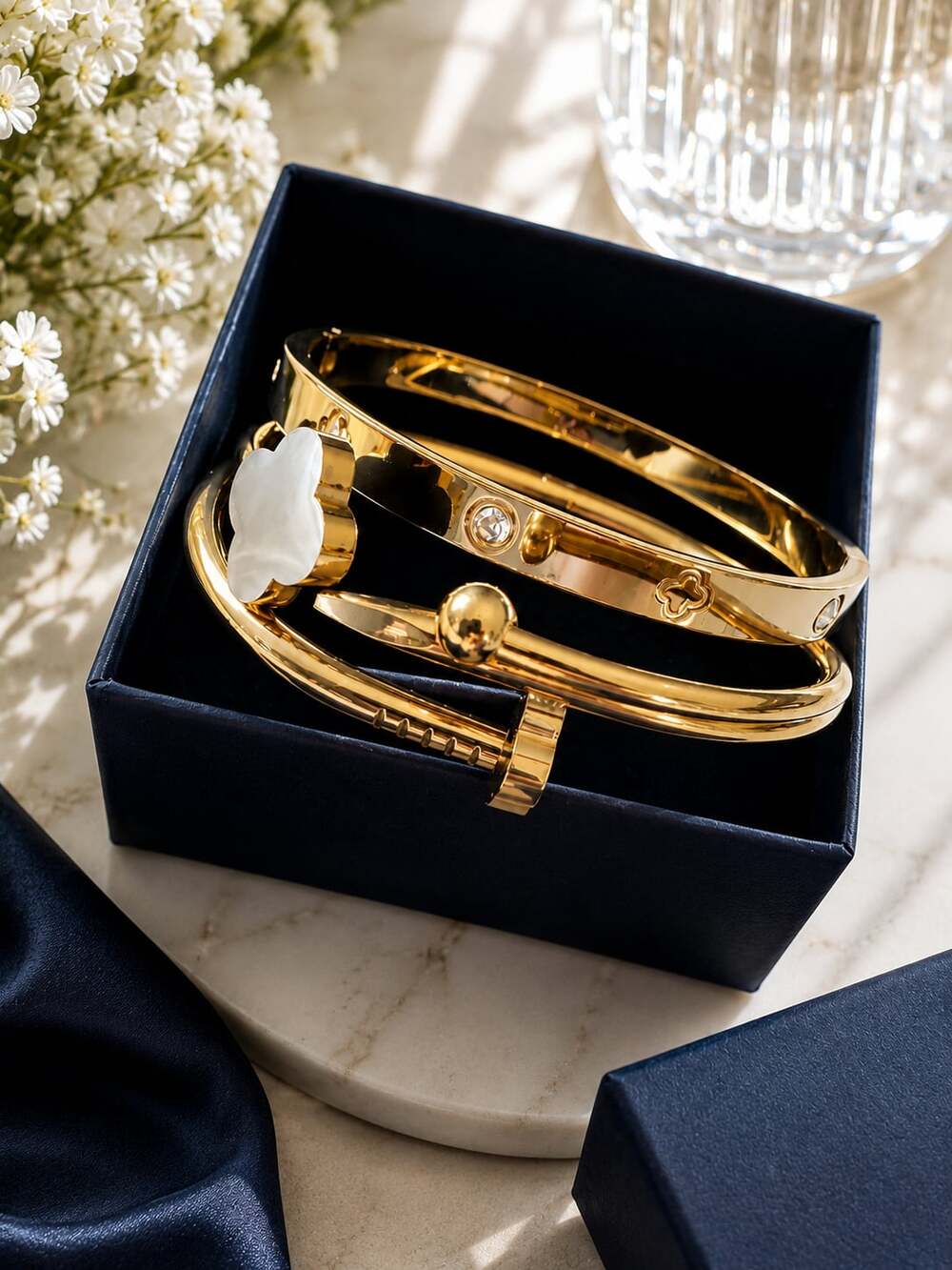 J03 Gold-Tone Stainless Steel Bangle Bracelet Set, 3-Piece
